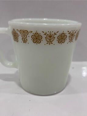 Vintage Pyrex Milk Glass Coffee Mug Brown Floral Folk Art Border Made in USA
